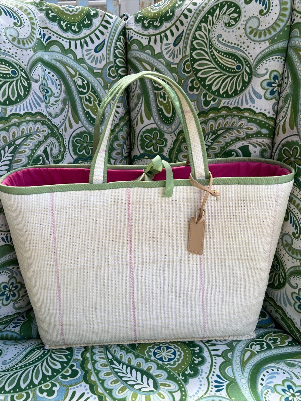 Ralph Lauren Plaid Straw Cream & Pink Tote Bag - Picture 2 of 8